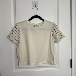 Joie Cream Crewneck Top with Crochet Short Sleeves